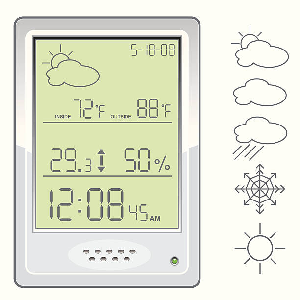 ilustrações, clipart, desenhos animados e ícones de lcd digitais estação meteorológica - barometer heat thermometer sun