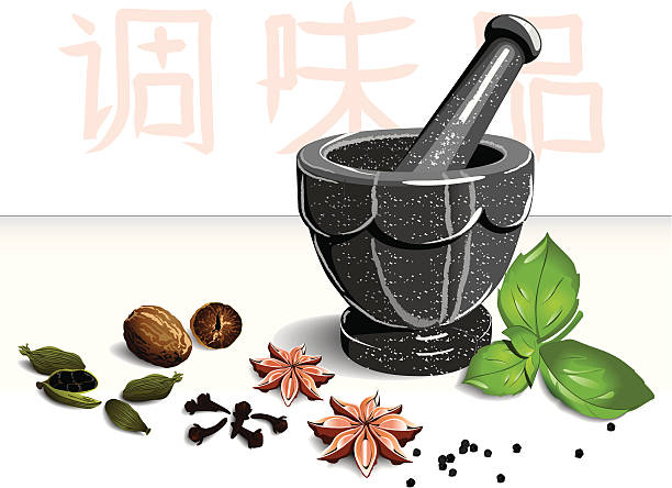 Mortar and spices vector art illustration