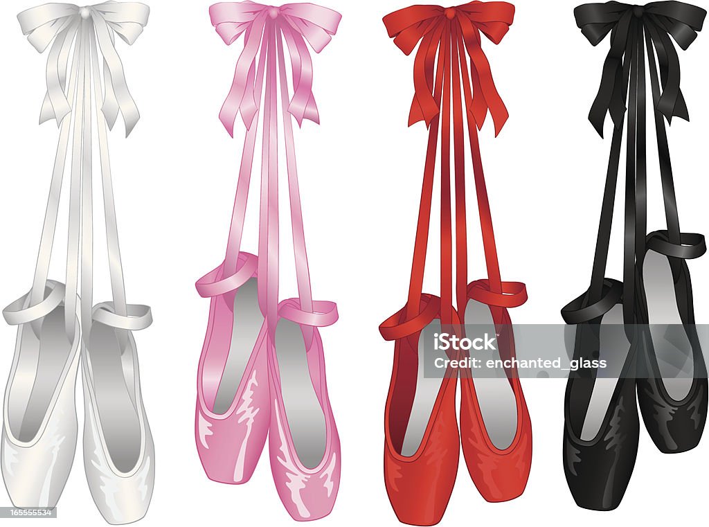 Hanging Ballet/Ballerina Slippers Vector illustration of a four pairs of isolated hanging ballet slippers, white, pink, red & black. Includes ai8.eps & .jpeg file formats. Ballet Shoe stock vector