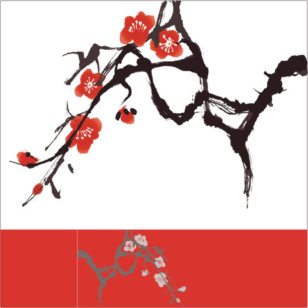 orientalischen stil-malerei, plum blossom - oriental style woodblock art stock-grafiken, -clipart, -cartoons und -symbole