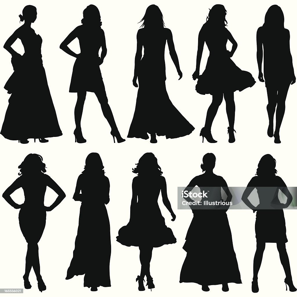 Fashionable Women Silhouette Set This fashionable women illustration is perfect for a variety of different design projects. This is a great set of women fashion silhouettes. This file has been layered and grouped for easy editing. This file includes a large JPG file, an ai V10 file, and an eps file. Women stock vector