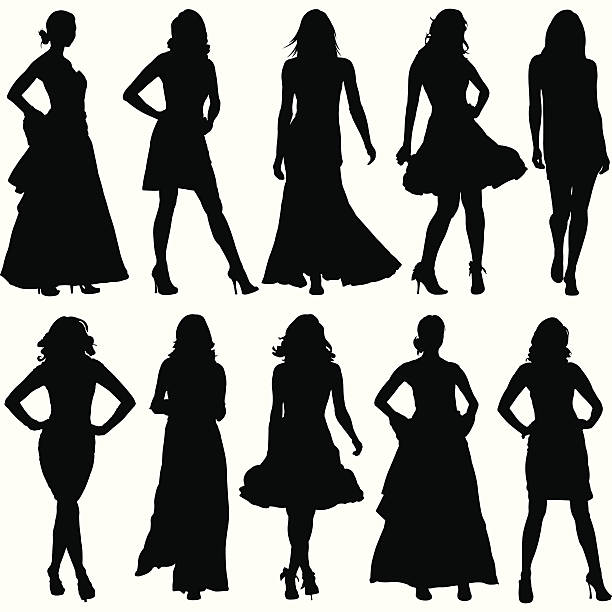 Fashionable Women Silhouette Set This fashionable women illustration is perfect for a variety of different design projects. This is a great set of women fashion silhouettes. This file has been layered and grouped for easy editing. This file includes a large JPG file, an ai V10 file, and an eps file. dress illustrations stock illustrations