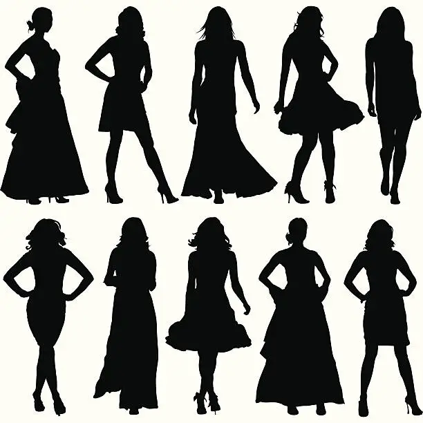Vector illustration of Fashionable Women Silhouette Set