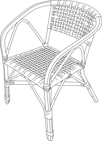A line drawing of a rattan chair.