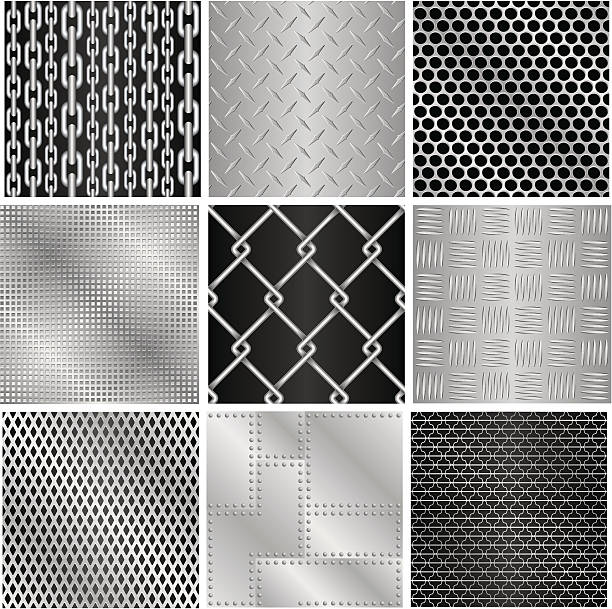 Metal (9 seamless textures) A series of nine tileable metallic textures, including non-skid surfaces, grids, chainlink fence and riveted plates. (p.s. If you're not happy with the tiling of the first texture, please contact me) riveting stock illustrations