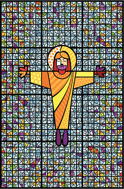 크라이스트 및 때묻은 유리컵 - stained glass church window glass stock illustrations