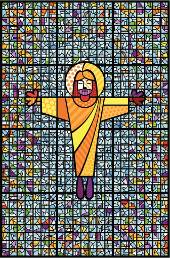 Illustration of a pop-art Christ in front of a stained glass window created using flat colours. The window is grouped separately and can be used as a background.