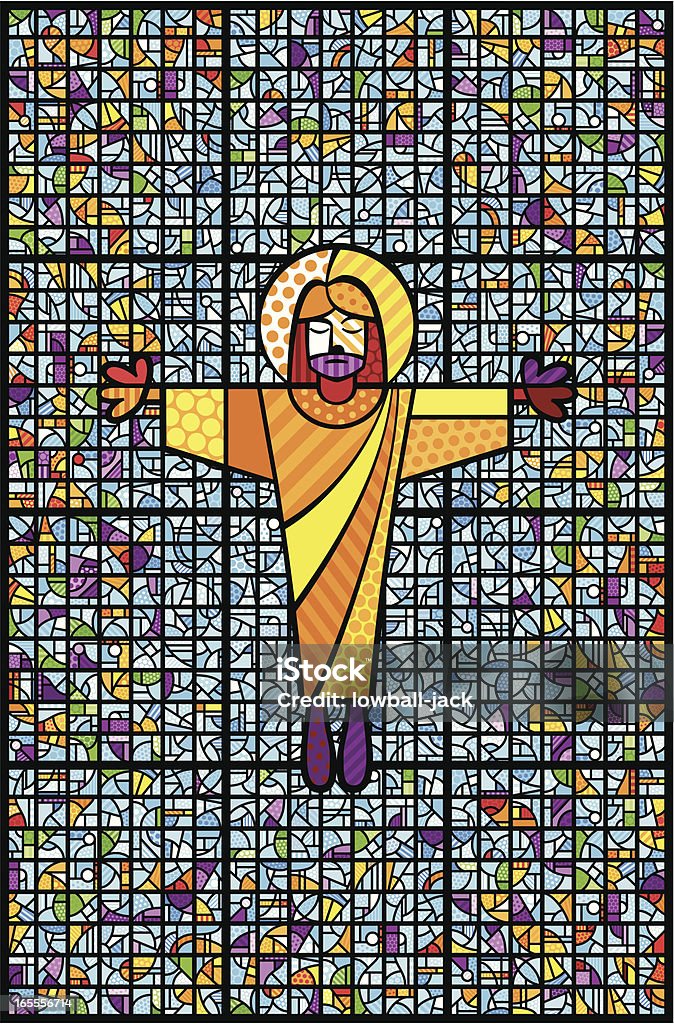 Christ And Stained Glass Illustration of a pop-art Christ in front of a stained glass window created using flat colours. The window is grouped separately and can be used as a background. Stained Glass stock vector