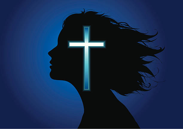 Girls spirit Silhouette of a girls head with a glowing cross over it. praise and worship stock illustrations