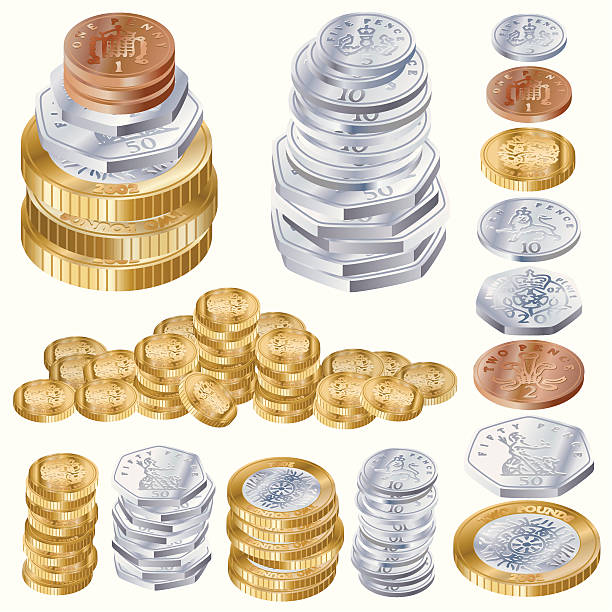 ilustraciones, imágenes clip art, dibujos animados e iconos de stock de efectivo u. k.: pila - british coin coin one pound coin uk