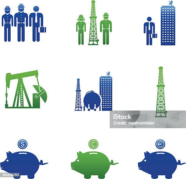 Lhuile Icônes De Lindustrie De Gaz Carrières Vert Et Bleu Vecteurs libres de droits et plus d'images vectorielles de Plateforme de forage