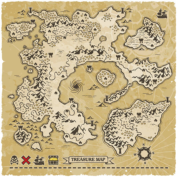 Antique Vector Treasure Map Includes hi-res jpeg. All elements are on well organised layers and can be easily modifed and moved. Each terrain type has it's own layer, so you can easily remove anything on the map you don't need. pirate map stock illustrations