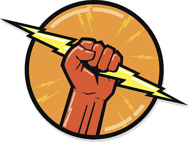 electrician red fist grabbing lightning bolt zeus stock illustrations