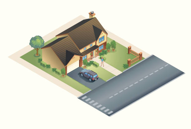 Suburban House A modern looking vector isometric house set on a landscaped lot. All appliances and SUV included. Driveway stock illustrations