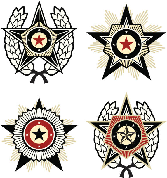 Propaganda style emblems 4 Propaganda style emblems with stars, pentagons and laurel wreaths. communism stock illustrations