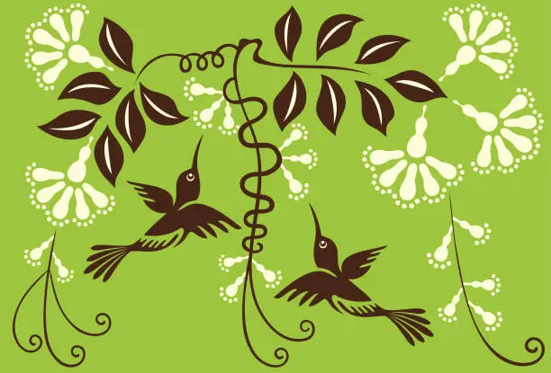 Vector illustration of Hummingbirds Couple & Flowers