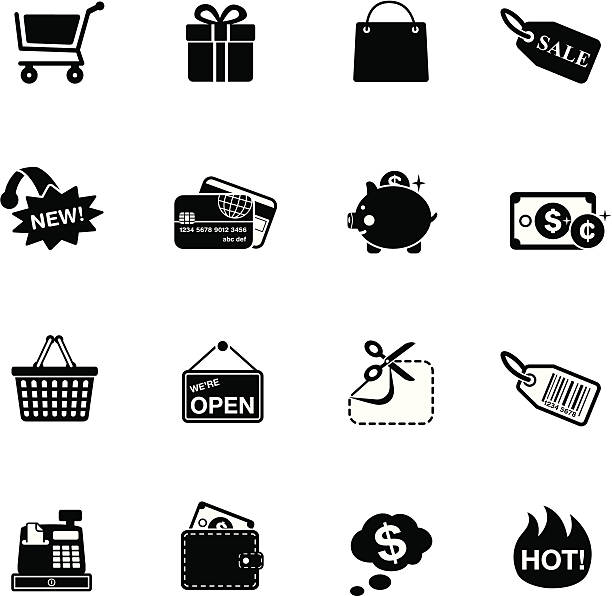 ilustraciones, imágenes clip art, dibujos animados e iconos de stock de consumismo & iconos de compras/serie blanco o negro - cash register wealth coin currency