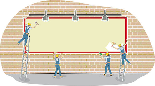 almost finished billboard - space for your message almost finished billboard with workers around - vector drill end stock illustrations