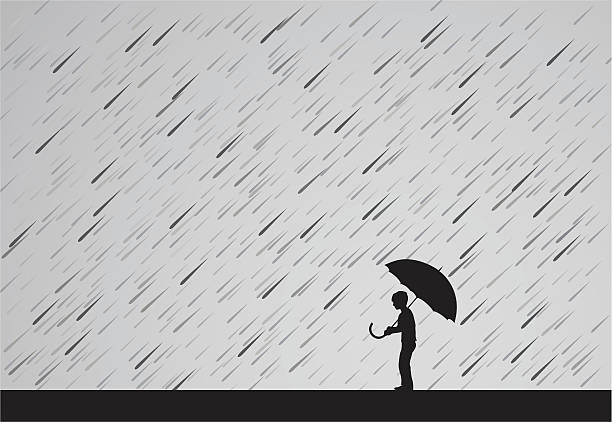A silhouette of a man holding an umbrella in the rain Little boy with big umbrella in the rain. Vector illustration. rain silhouettes stock illustrations