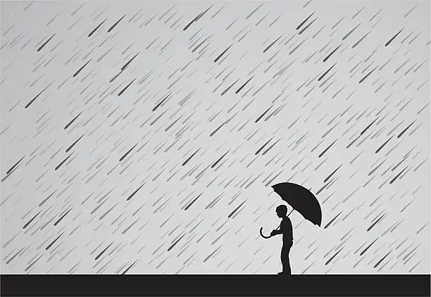 Vector illustration of A silhouette of a man holding an umbrella in the rain