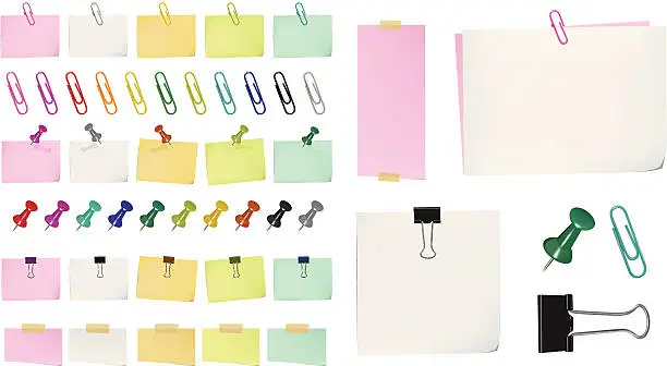 Vector illustration of Different color post it notes, tacks and paper clips