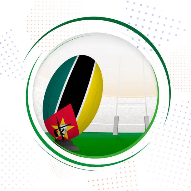 Vector illustration of Flag of Mozambique on rugby ball. Round rugby icon with flag of Mozambique.