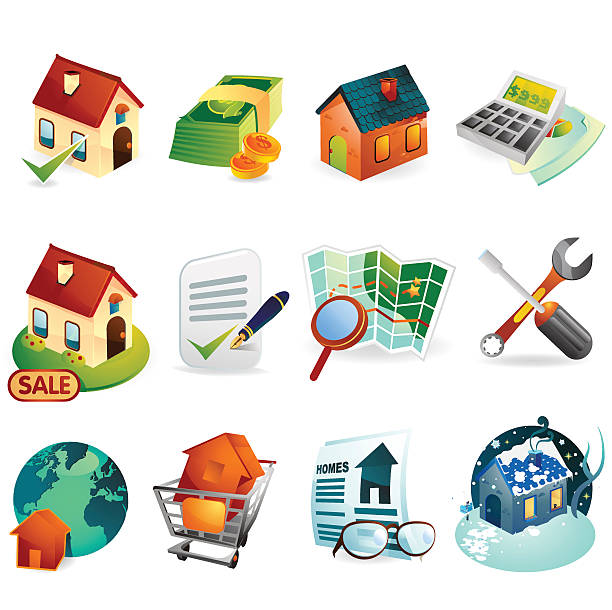 illustrazioni stock, clip art, cartoni animati e icone di tendenza di immobiliare icone web - house calculator real estate examining