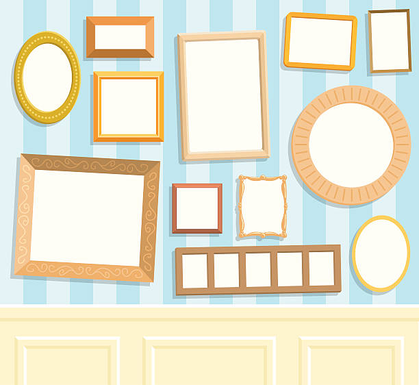 Twelve blank frames on a wall Frames, white canvases and background are on seperate layers so you can easily put your own pictures in the frames. number 12 photos stock illustrations