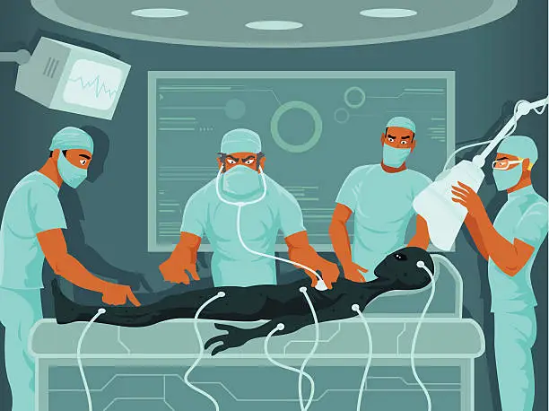 Vector illustration of Cartoon Scientist Dissecting Alien in Operating Room