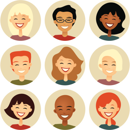 Diversity: Nine Smiling Faces in Cirles: Retro style
