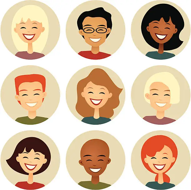Vector illustration of Diversity: Nine Smiling Faces in Cirles: Retro style