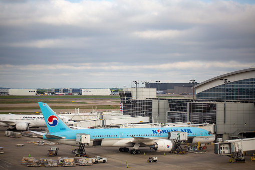 Korean Air Boeing 787-9 Dreamliner aircraft with registration HL8085 being catered at Dallas/Fort Worth International Airport in April 2022