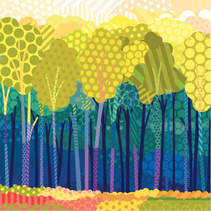 Illustration of an imaginary pop-art forest in summer colours created using flat colours