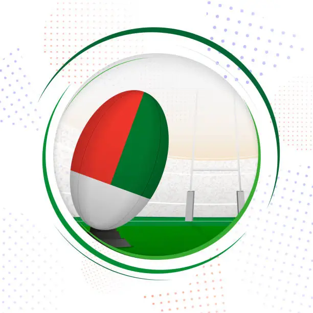 Vector illustration of Flag of Madagascar on rugby ball. Round rugby icon with flag of Madagascar.
