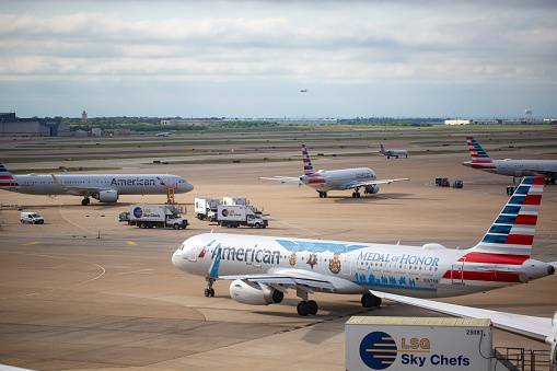 Houston, TX- October 22, 2011: An ERJ 145 aircraft of US Airways Express is taxing in Houston Bush Intercontinental Airport.