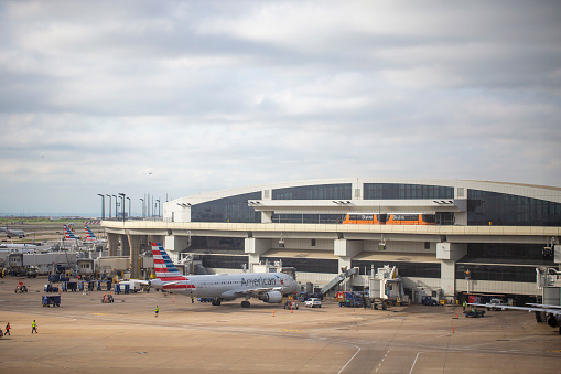 American Airlines Airbus A320-214 aircraft with registration N112US parked at Dallas/Fort Worth International Airport in April 2022