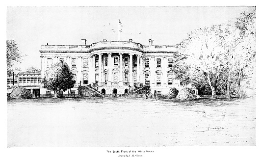 United States President's residence, The White House, in Washington DC, USA.  Photograph engraving  published 1896. This engraving is in my private collection. Copyright is in public domain.