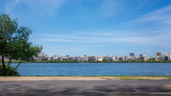 View of Lagoa Rodrigo de Freitas, a prime area of Rio de Janeiro with an urban park used for recreation, exercise, picnics and entertainment.