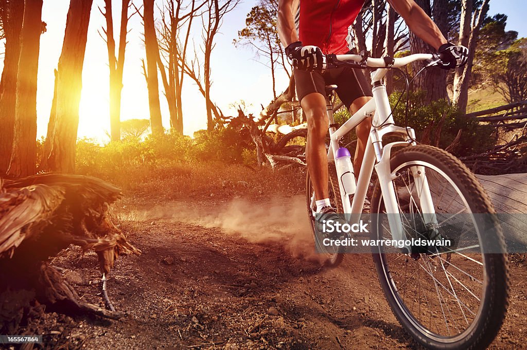 Close-up of a man on mountain bike riding on trail Mountain Bike cyclist riding single track at sunrise healthy lifestyle active athlete doing sport Mountain Biking Stock Photo