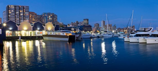 Durban city evening panorama from the docks.