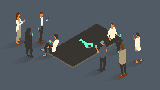 Eight people surround an oversized phone with a teal key icon on-screen. Everyone uses smartphones themselves. Isometric vector illustration leverages a limited color palette on a 16x9 artboard. Icon created from scratch by the illustrator.