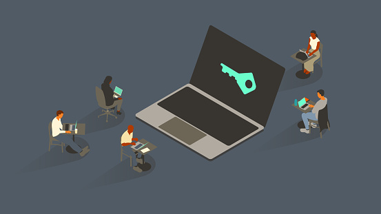 Five people surround an oversized laptop with a key image or icon on-screen. Everyone uses laptop computers themselves. Isometric vector illustration leverages a limited color palette on a 16x9 artboard. Icon created from scratch by the illustrator.