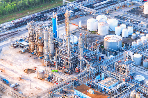 Aerial view of a chemical plant located just outside Houston, Texas in the city of Pasadena shot from a helicopter at an altitude of about 1000 feet.