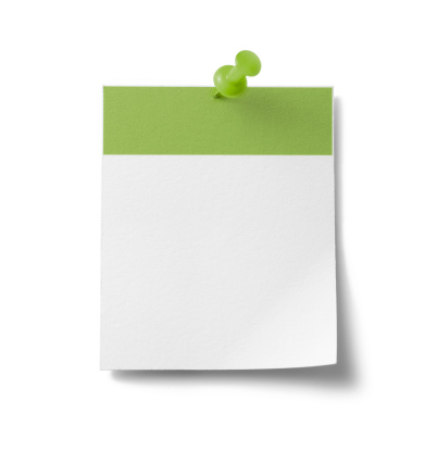 A photograph of a blank / empty calendar page with a green band and pin - isolated on white.