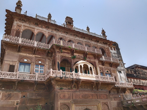 Beautiful ancient building of Ramnagar Fort with balconies and patterned arches in Varanasi India. Ramnagar Fort of Varanasi was built in 1750 in typical Mughal style of architecture