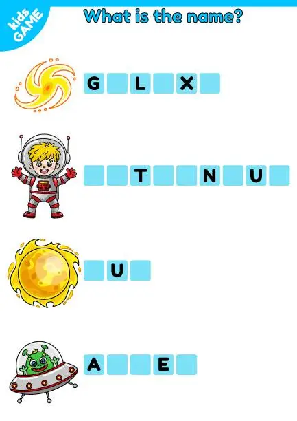 Vector illustration of English spelling training game on space theme