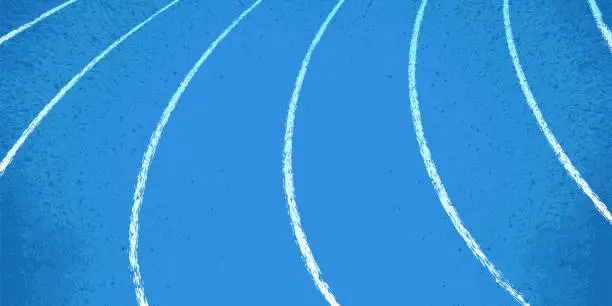 Vector illustration of Bird eye perspective view of a blue turning running track divided into stripes by white markings