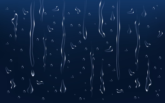 Rain transparent drops flow down the glass.Realistic wet condensation texture.Fresh water splash effect on the surface.Liquid spreading droplet shapes.