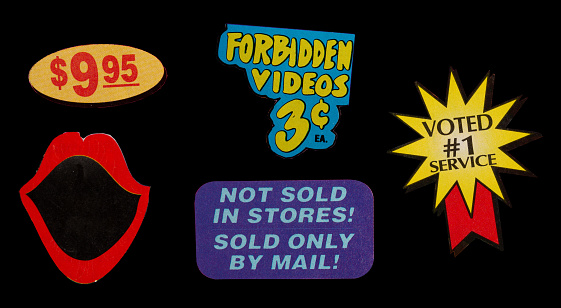 Cutout label, sticker, tag, discount, offer from 90's vintage magazine graphic design isolated on black background, graphic resource for collage and more