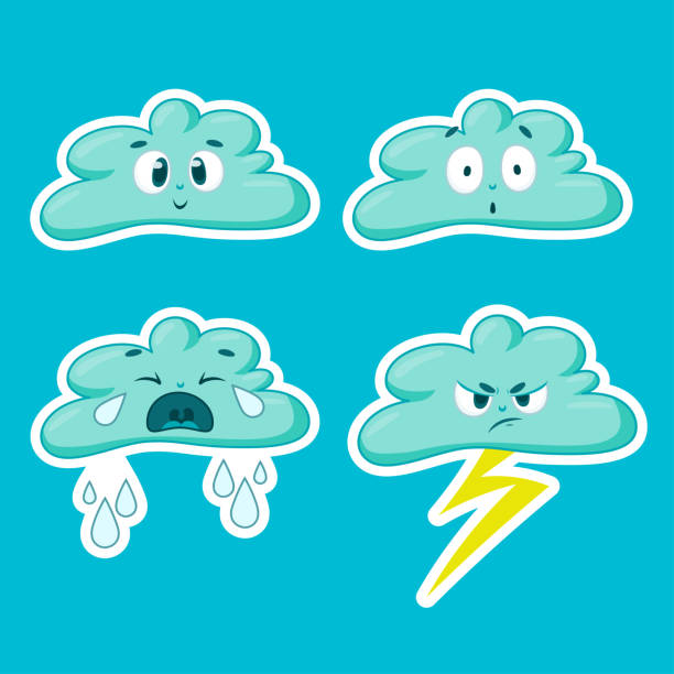 Emoji Clouds Set Set of kawaii cartoon cloud facial expressions. Different mood emoticons collection. Cute cloud stickers pack for social media. Good design for games, badges, pins, patches, prints, books for kids. angry clouds stock illustrations